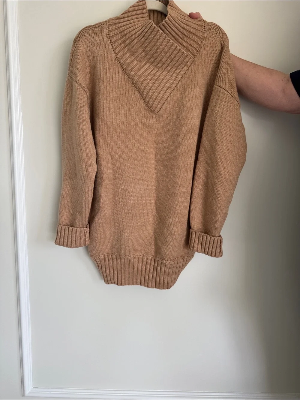 Women's Ribbed Cowl Neck Sweater - Camel/Tan